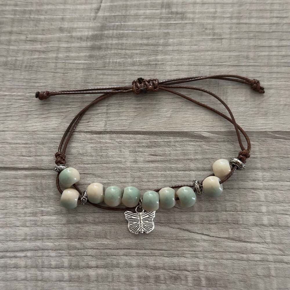 Boho Style Ceramic Bead Butterfly Charm Adjustable Cord Bracelet